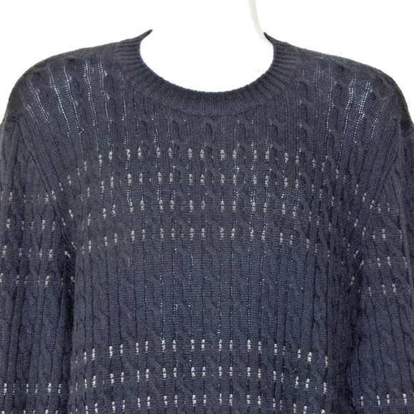 NWT AUTUMN CAHMERE Cable Striped Crew Sweater Navy Combo Cashmere Blend Men XL